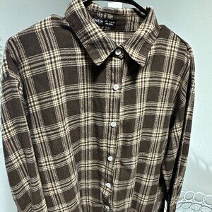 SHEIN Brown/Tan Button Down Oversized Plaid Flannel
